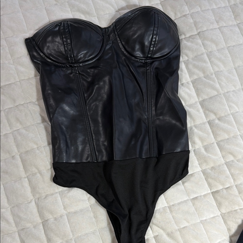 Black Faux-Leather Strapless Bodysuit